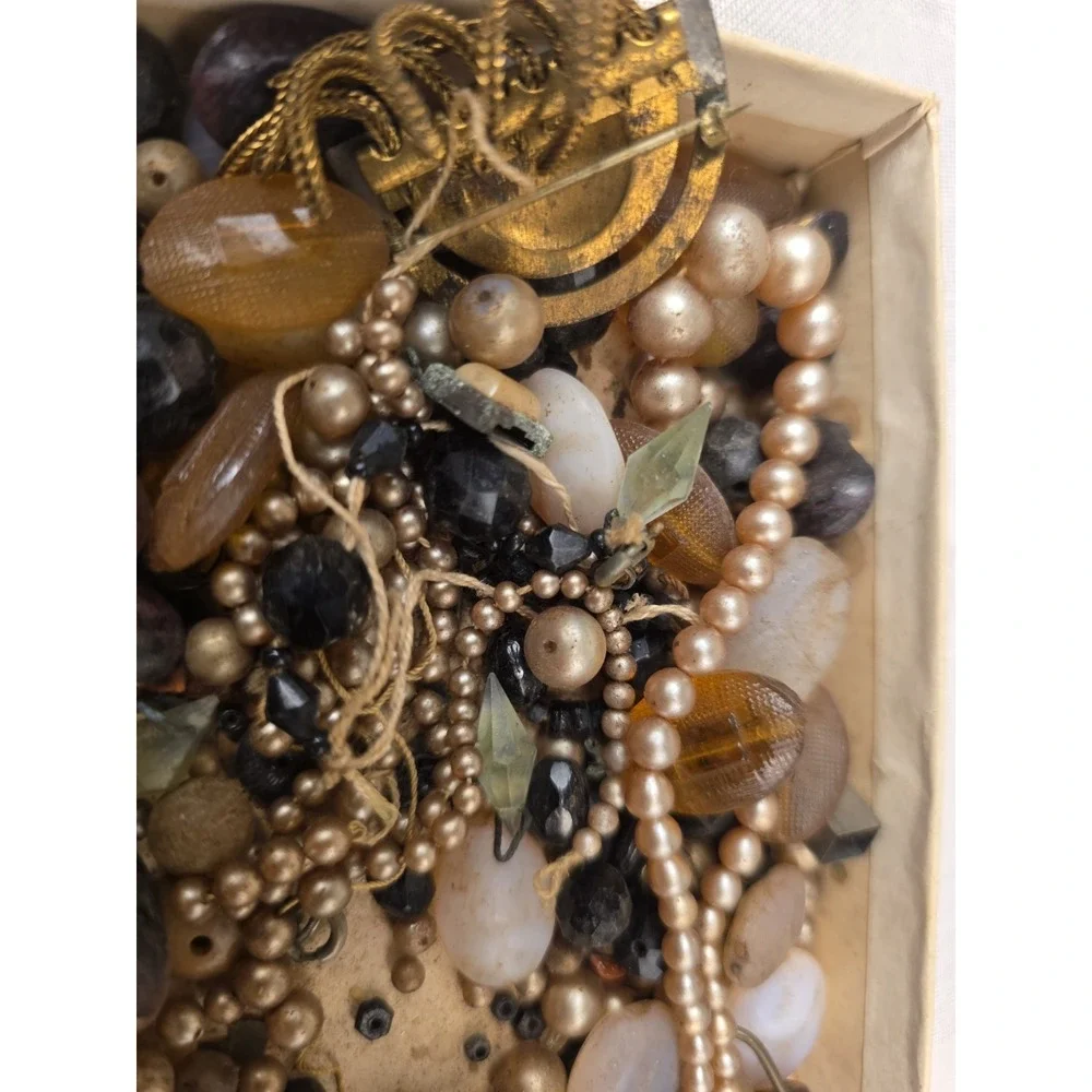 Antique Box Of Beads, Crystals Gold Tone Metal. Lot